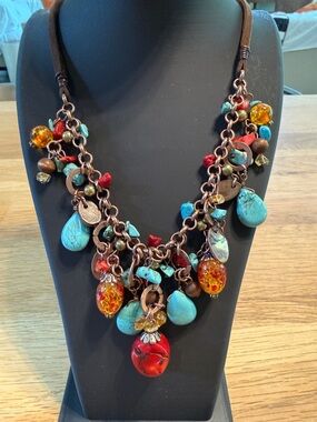 Boho Turquoise & Coral Beaded Charm Necklace - 16-20” - Copper & Cord Chain